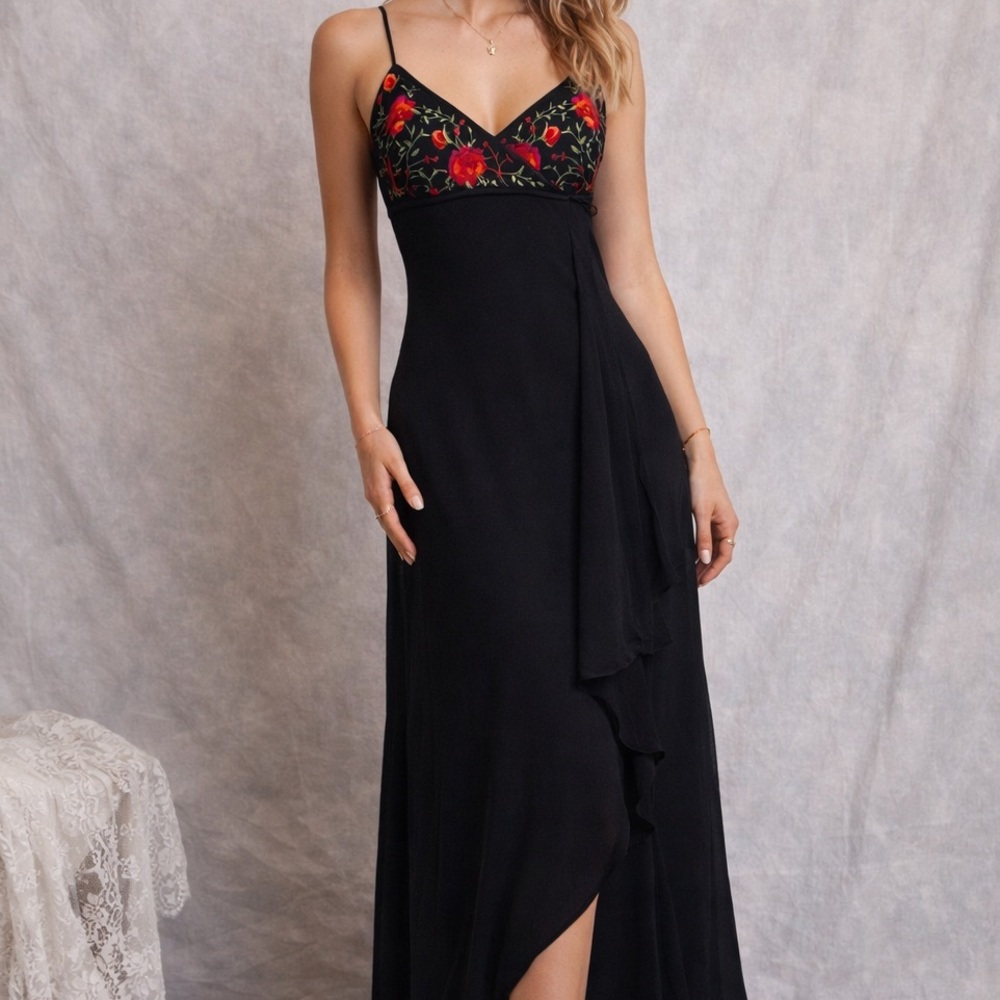 Vintage Black Formal Dress Gown Y2K 90s Fairy Boho Size 7/8 Floral Prom Ruffle - Picture 7 of 7